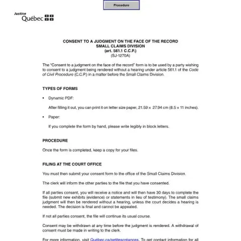 Document preview: Understanding the Consent to Judgment on the Record in Small Claims — Legal & justice (SJ-1270A)
