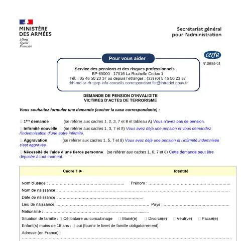 Aperçu du document Demande de pension d'invalidité pour victimes du terrorisme — Santé (CERFA n°15869*03)