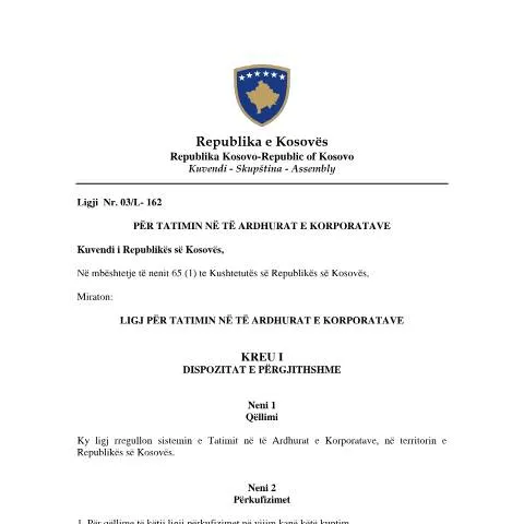Document preview: Rëndësia e Ligjit Nr. 03/L-162 për Korporatat në Kosovë — Procedura administrative