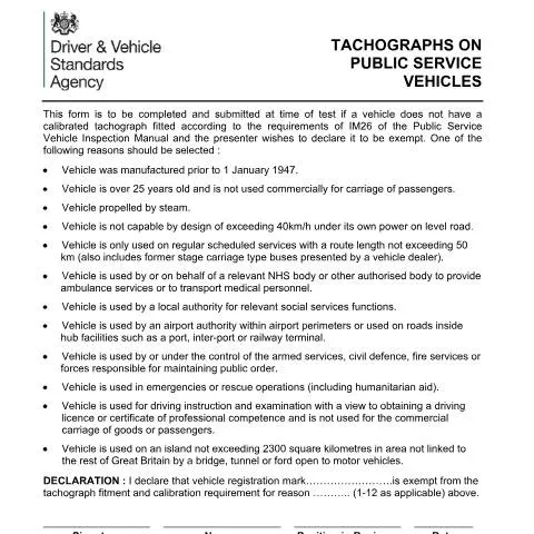 Document preview: How to Declare Your PSV Exempt from Tachograph Requirements — Government & admin