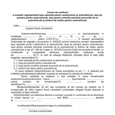 Document preview: Restituirea taxelor pentru autoturisme în România — Impozite & fiscalitate (CERFA n°C_2806_2022)