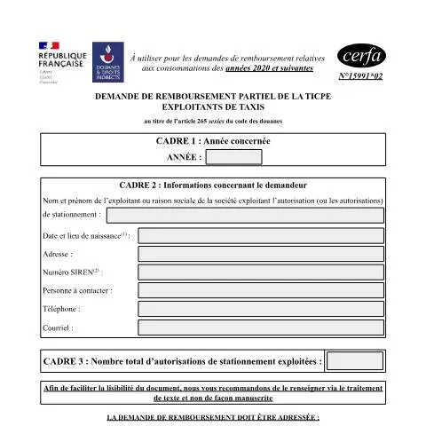 Aperçu du document Remboursement TICPE taxis : guide du formulaire 15991*02 — Démarches administratives (CERFA n°15991*02)