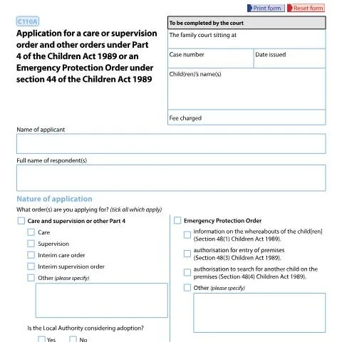 Document preview: Understanding Form C110A Applications for Child Protection Orders — Family