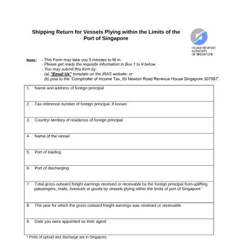 Document preview: Shipping Return for Vessels Plying within Singapore Port Limits — Government & admin (CERFA n°SHIPPING-RETURN-FOR-VESSELS-PLYING-WITHIN-THE-LIMITS-OF-THE-PORT-OF-SINGAPORE)