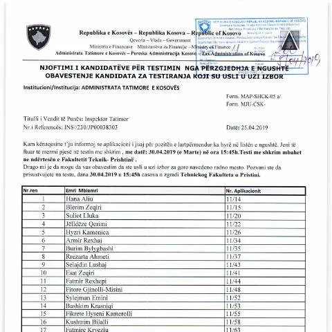 Document preview: Njoftimi për Testimin nga Përzgjedhja e Ngushtë në Kosovë — Punë & punësim
