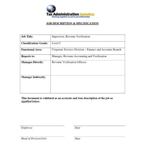 Document preview: Jamaica Revenue Verification Supervisor Level 5 Form Overview — Government & admin (CERFA n°Supervisor,+Revenue+Verification)