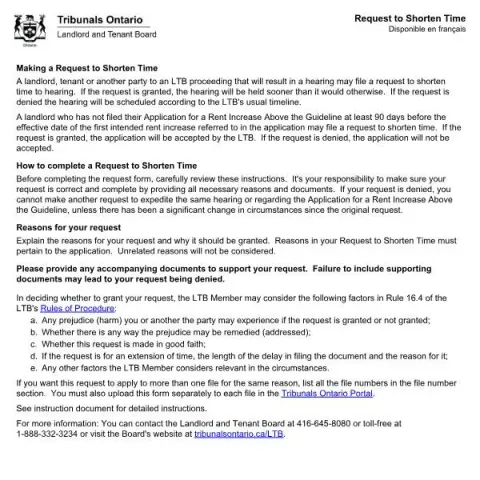 Document preview: Understanding the Request to Shorten Time Form in Ontario Landlord (English / French) — Housing