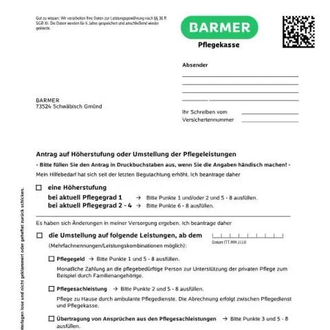 Dokumentvorschau: Antrag auf Pflegeleistungsumstellung bei der BARMER — Gesundheit (44171)
