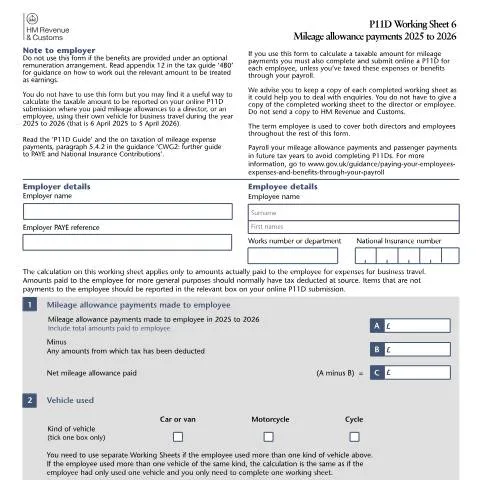 Document preview: Understanding P11D Working Sheet 6 for Mileage Allowance Calculations — Taxes