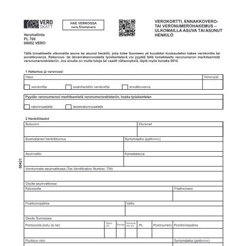 Document preview: Verokortti ja veronumerohakemus ulkomailla asuville — Verot & verotus (CERFA n°Vero 5042)