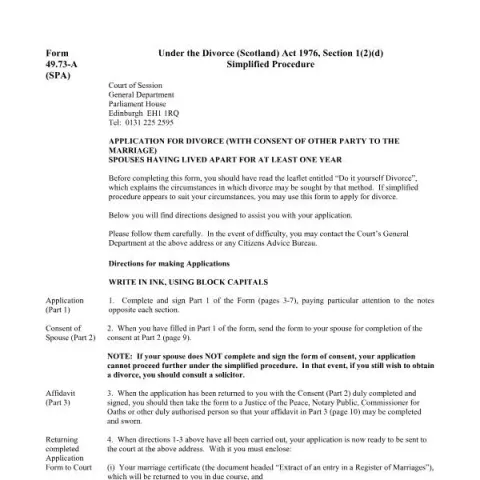 Document preview: Understanding the Scottish Divorce Application Form 49.73-A — Family (49.73-A)