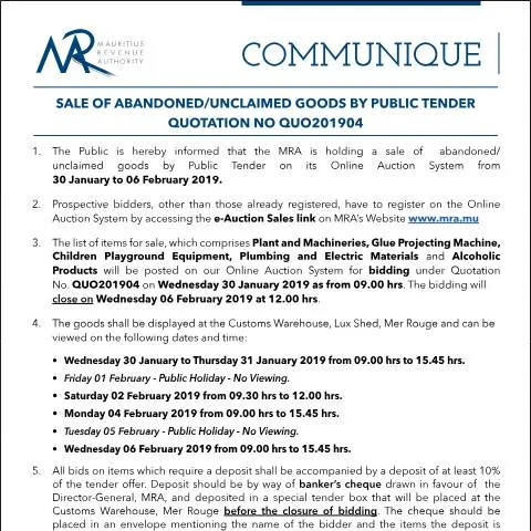 Document preview: Understanding the Sale of Abandoned Goods in Mauritius — Government & admin (CERFA n°Communique04of2019)