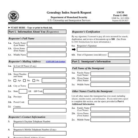 Document preview: Exploring the Benefits of USCIS Form G-1041 for Genealogy — Immigration & visas (CERFA n°G-1041)
