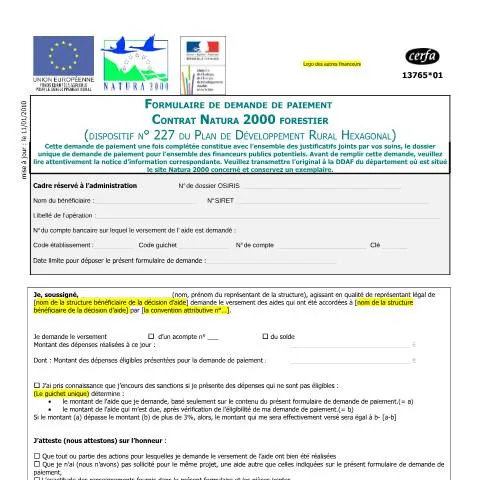 Aperçu du document Formulaire 13765*01 : obtenir le versement des aides forestières — Démarches administratives (CERFA n°13765*01)