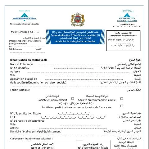 Aperçu du document Procédure d'option à l'impôt sur les sociétés au Maroc — Impôts & fiscalité (CERFA n°AAC010B-25I)