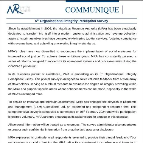 Document preview: Mauritius Revenue Authority Launches 5th Integrity Perception Survey — Government & admin (CommuniqueIntSurvey020224)