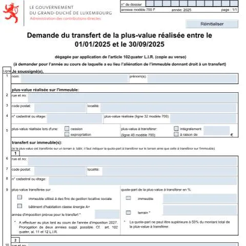 Aperçu du document Comprendre le transfert de plus-value immobilière au Luxembourg — Impôts & fiscalité (CERFA n°700_Transfert)