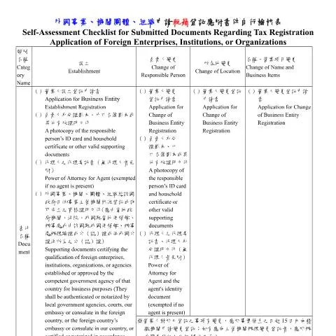 Document preview: 外國事業及組織稅籍登記文件檢核指南 — Taxes (CERFA n°5.3 外國事業、機關團體、組織申請稅籍登記應附書件自行檢核表(中英並列))