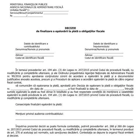 Document preview: Înțelegerea Deciziei de finalizare a eșalonării fiscale — Impozite & fiscalitate (CERFA n°A16p_OPANAF_90_2016)