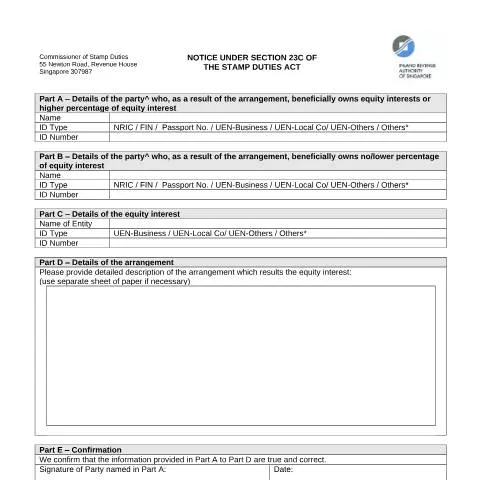 Document preview: Understanding the Section 23C Notice in Singapore Property Stamp Duty — Taxes (CERFA n°NOTICE-UNDER-SECTION-23C_2018-02-19_V1-0)