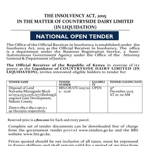 Document preview: Key Insights on Naivasha Land Disposal Tender Notice — Property & real estate (CERFA n°Tender-Notice-DISPOSAL-OF-LAND-NAIVASHAMARAIGUSHI-BLOCK-102-1)