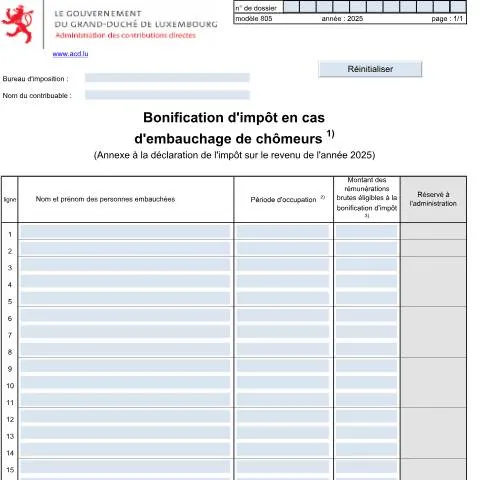 Aperçu du document Comprendre l'Annexe 805 F pour l'embauche de chômeurs — Impôts & fiscalité (CERFA n°805 F)
