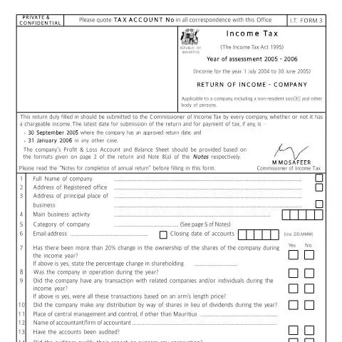 Document preview: Understanding I.T Form 3 for Mauritius Companies — Taxes (CERFA n°com0506)