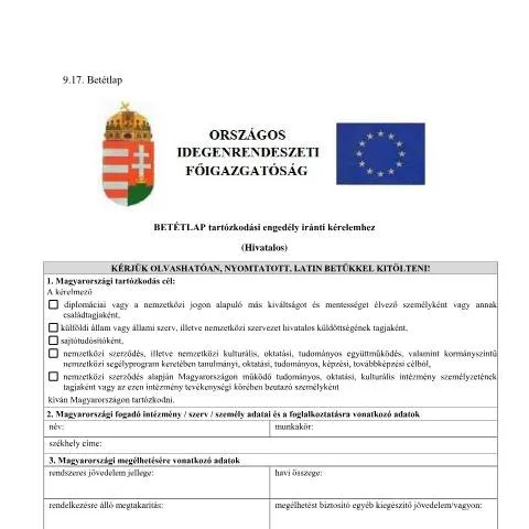 Document preview: Tartózkodási engedély iránti kérelem 9.17. betétlap — Bevándorlás & vízumok