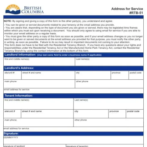 Document preview: Understanding the RTB-51 Address for Service Form in BC Housing — Housing (RTB-51)