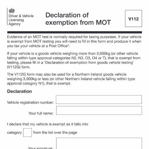 Document preview: How to Complete Form V112 for Official MOT Exemption Status — Vehicle & driving