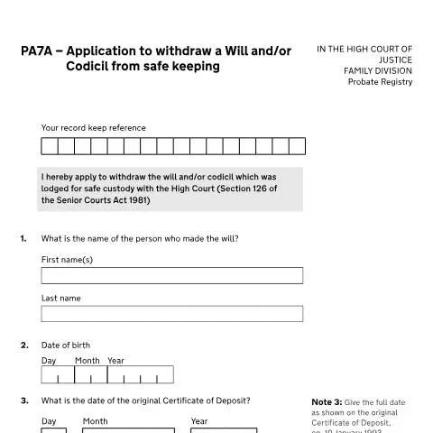 Document preview: How to Withdraw Your Will from High Court Storage Using Form PA7A — Legal & justice