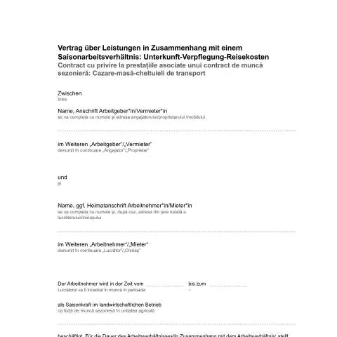 Dokumentvorschau: Vertrag für Saisonarbeitsverhältnis: Unterkunft, Verpflegung und — Wohnen (CERFA n°muster-unterkunftsvertrag-rumaenisch_ba034600)