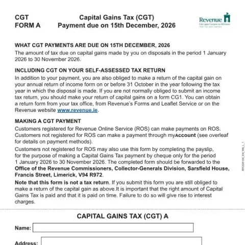 Document preview: Capital Gains Tax Form A for Reporting Gains in Ireland — Taxes (FORM A)