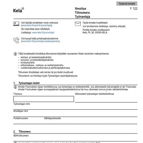 Document preview: Työnantajan ohjeet Kela Y 122 -lomakkeen täyttämiseen — Hallinnolliset asiat (CERFA n°Kela Y 122)
