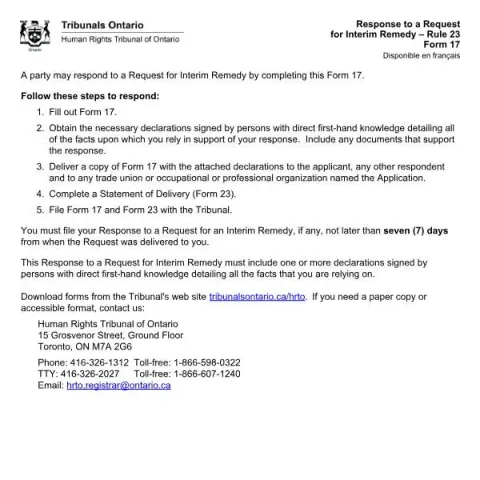 Document preview: Responding to Rule 23 Interim Remedy Requests in HRTO Cases (English / French) — Legal & justice (Form 17)