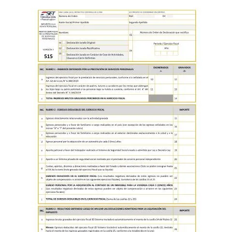 Vista previa del documento Formulario N° 515 para declarar rentas de servicios personales en — Impuestos (CERFA n°F515)