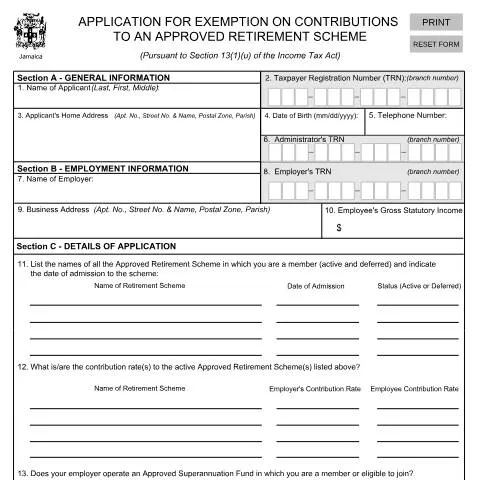 Document preview: Apply for Exemption on Contributions to Retirement Schemes in Jamaica — Taxes (CERFA n°Application+for+Exemption+on+Contribution+to+an+ARS+-+September+9+2022)