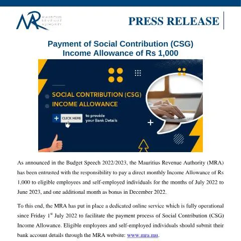 Document preview: Understanding the Rs 1,000 Social Contribution Income Allowance — Benefits & social aid (CERFA n°PressReleaseCSG060722)
