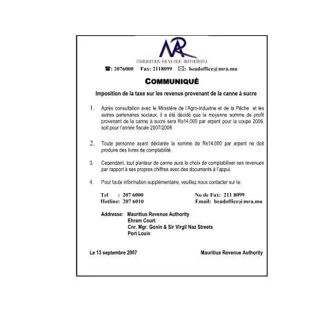 Document preview: Taxation Guidelines for Sugar Cane Income in Mauritius 2007 — Taxes (CERFA n°CommuniqueSugarFrench)