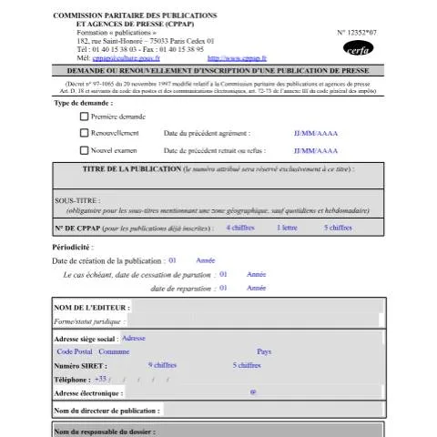 Aperçu du document Inscription officielle d'une publication de presse : guide complet — Démarches administratives (CERFA n°12352*07)