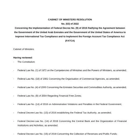 Document preview: UAE Federal Resolution on FATCA Implementation — Government & admin (CERFA n°Resolution No (63) of 2022)