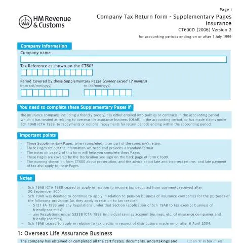 Document preview: Essential Guide to Completing the CT600D for Insurance Firms — Taxes