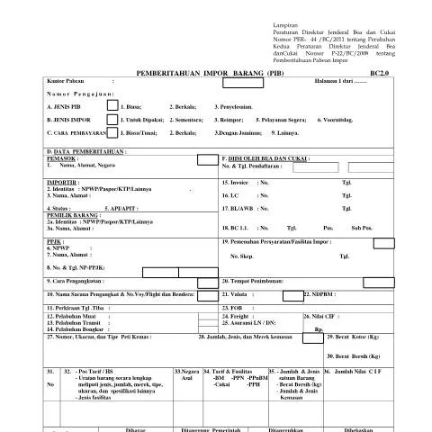 Document preview: Formulir Pemberitahuan Impor Barang (PIB) PER-44 BC 2011 — Pajak & perpajakan (CERFA n°ID-DJP-PIB-PER-44-BC-2011)