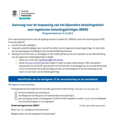 Aperçu du document Formulaire 122 pour le statut d'impatrié en Belgique — Démarches administratives (CERFA n°122-aanvraagformulier-statuut-ingekomen-belastingplichtige-BBIB)