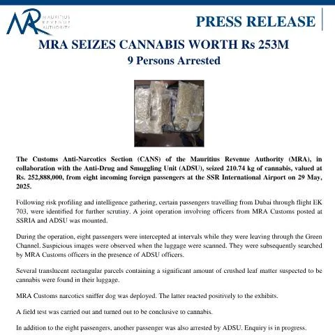 Document preview: Insights into MRA's Rs 253M Cannabis Seizure Announcement — Government & admin (PressRelease300525)