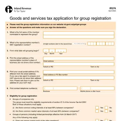 Document preview: Understanding the IR374 for Group GST Registration — Taxes (CERFA n°IR374)