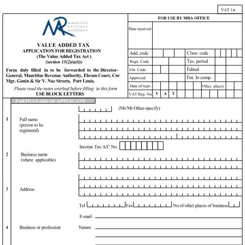 Document preview: Navigating the VAT1A Registration Process in Mauritius — Taxes (CERFA n°VAT1A)