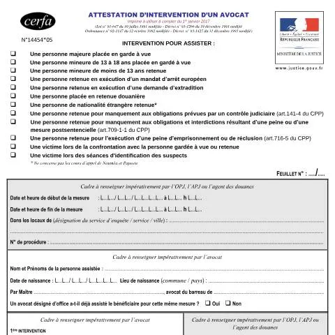 Aperçu du document Attestation d'intervention avocat : formalité administrative en garde — Juridique & justice (CERFA n°14454*05)
