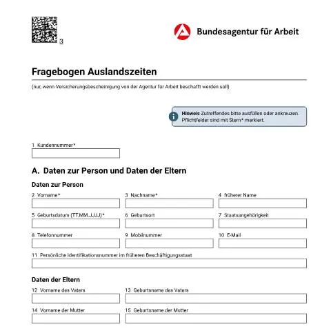 Dokumentvorschau: Wichtige Informationen zum Formular für Auslandszeiten — Arbeit & Beschäftigung (CERFA n°zb-fb-auslandszeiten-onlinestrecke-alg_ba034650)