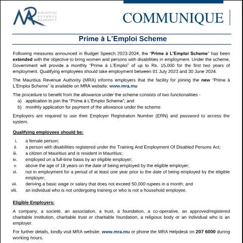 Document preview: Mauritius Announces Extension of Employment Support Scheme — Government & admin (Communique170723)
